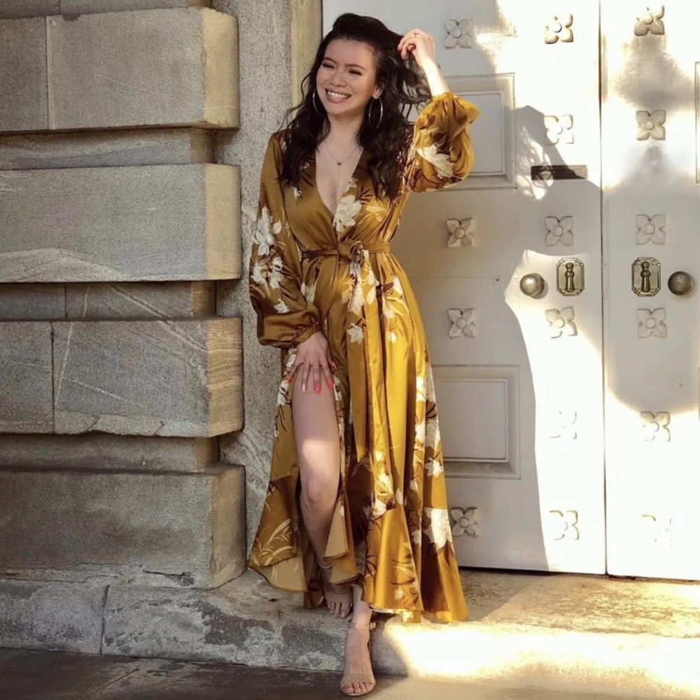 Express Mustard Floral Wrap Dress